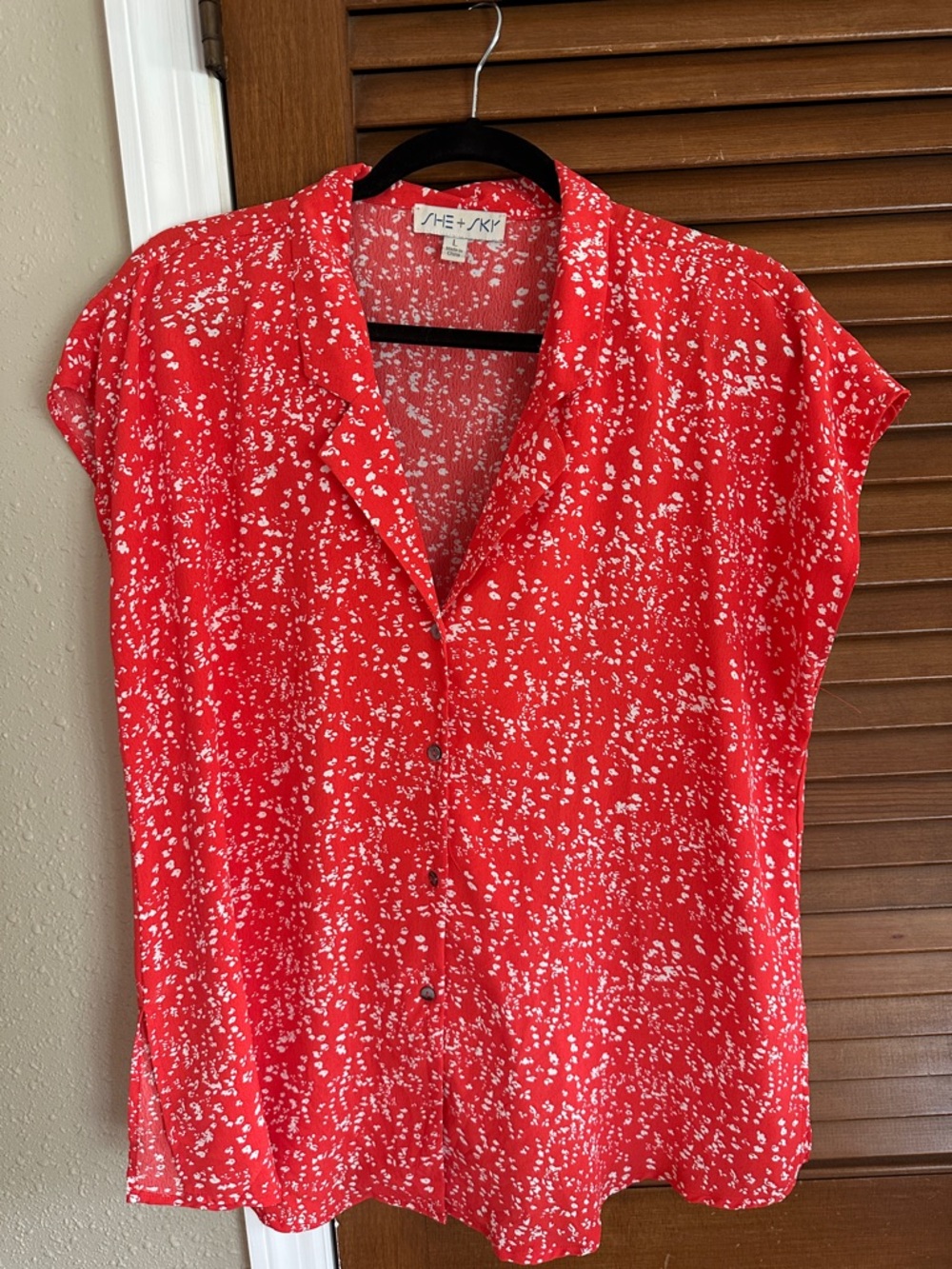 Red Short-Sleeve Button Front Blouse with White Dot Print